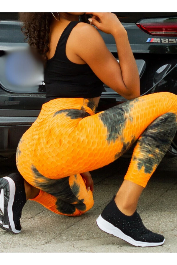 Alakformáló PUSH UP neonnarancs mintás fitness leggings / cicanadrág