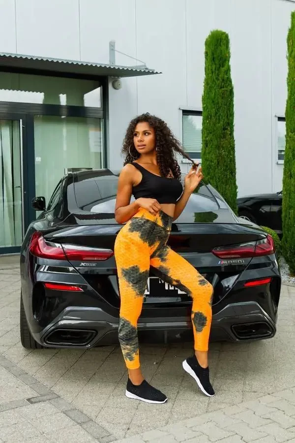 Alakformáló PUSH UP neonnarancs mintás fitness leggings / cicanadrág