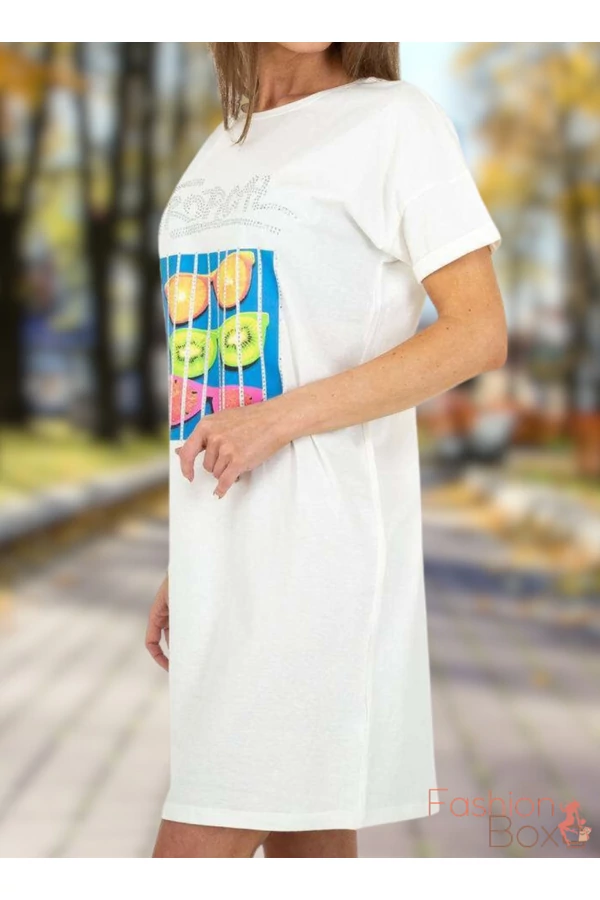 Rövid ujjú basic mintás fehér pólóruha /tunika