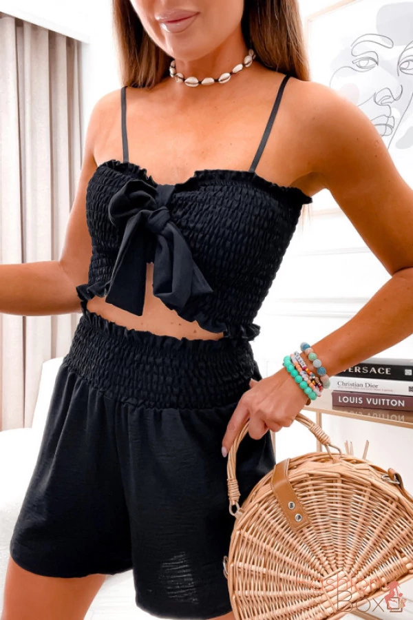 Fekete gumírozott variálható lenge vállpántos szett crop top+ short