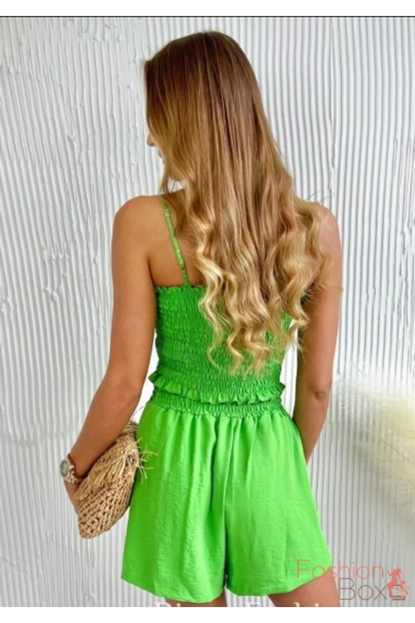 Zöld gumírozott variálható lenge vállpántos szett crop top+ short