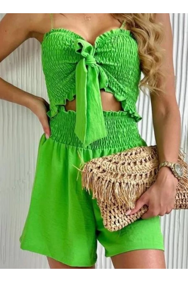 Zöld gumírozott variálható lenge vállpántos szett crop top+ short