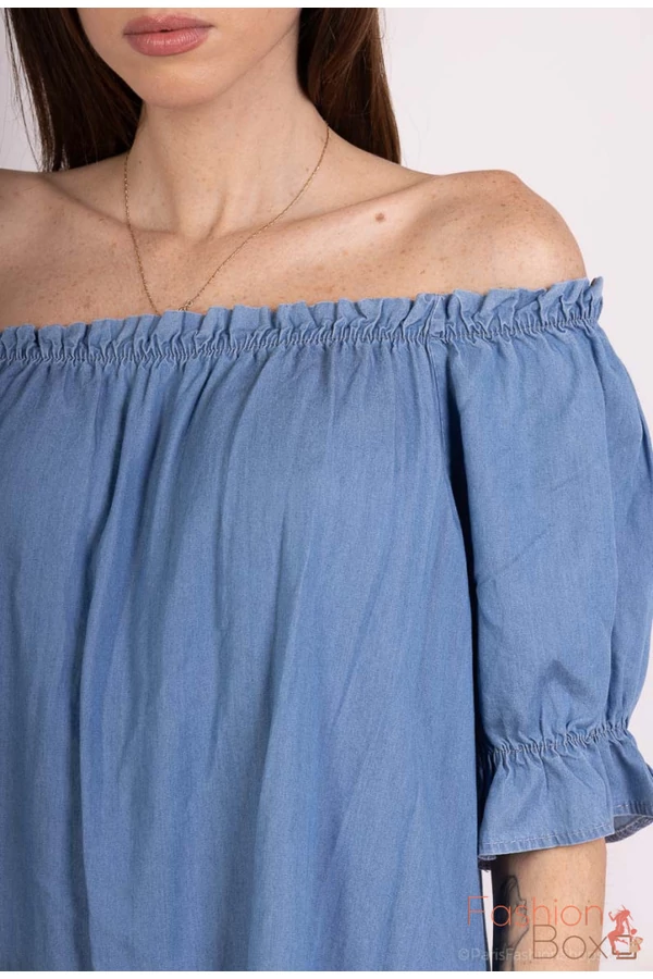 Plus size ejtett vállú ujján fodros lenge (kismama) farmer ruha