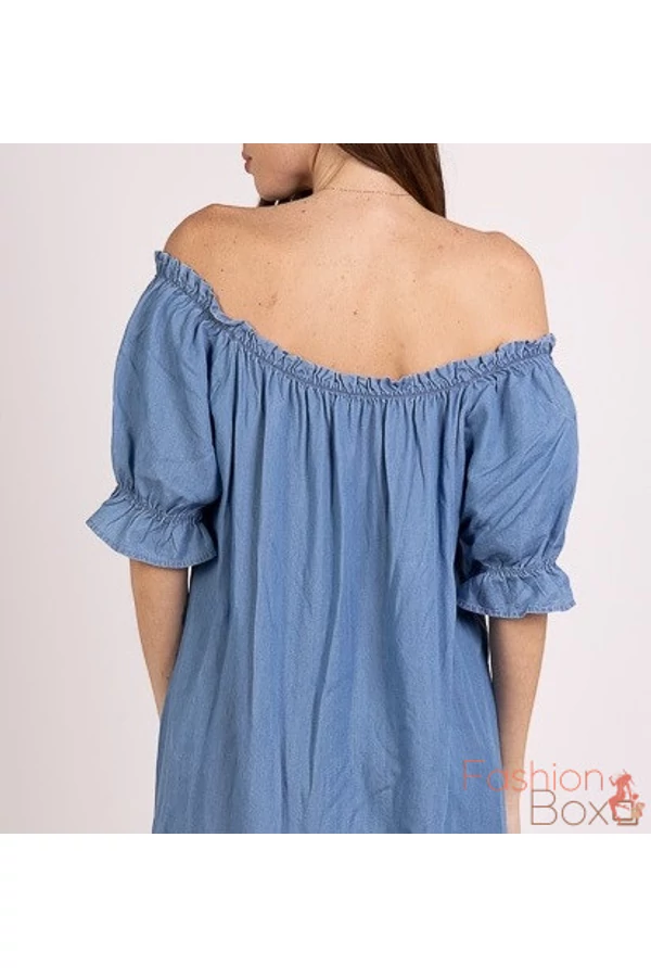 Plus size ejtett vállú ujján fodros lenge (kismama) farmer ruha