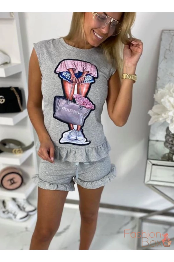 Fodros mintás2 részes szürke short+póló szett
