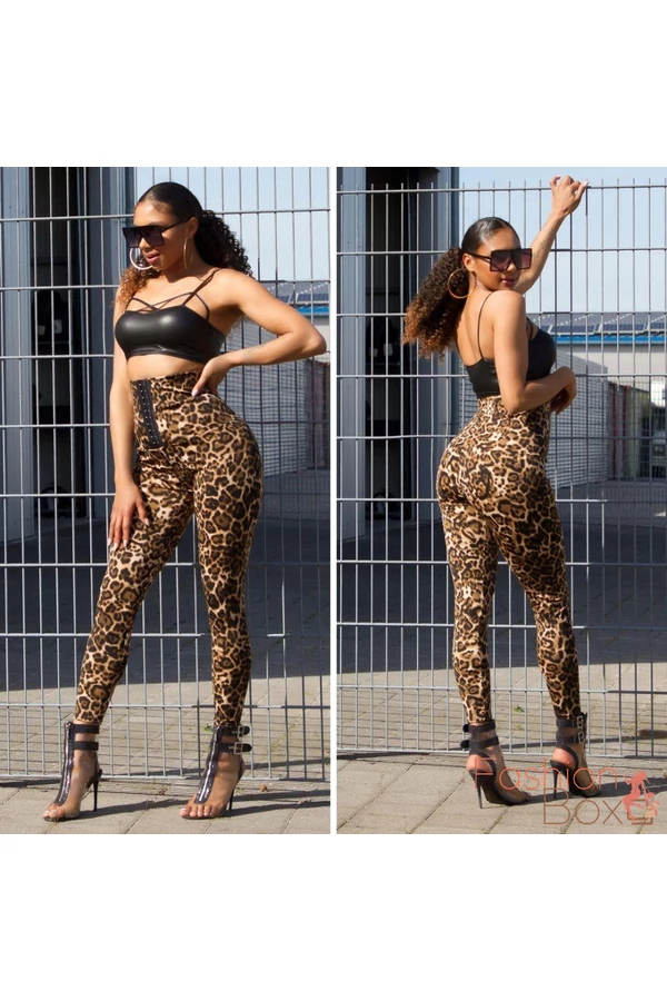 Alakformáló barna leopárd mintás magas derekú kapcsokkal állítható leggings / cicanadrág