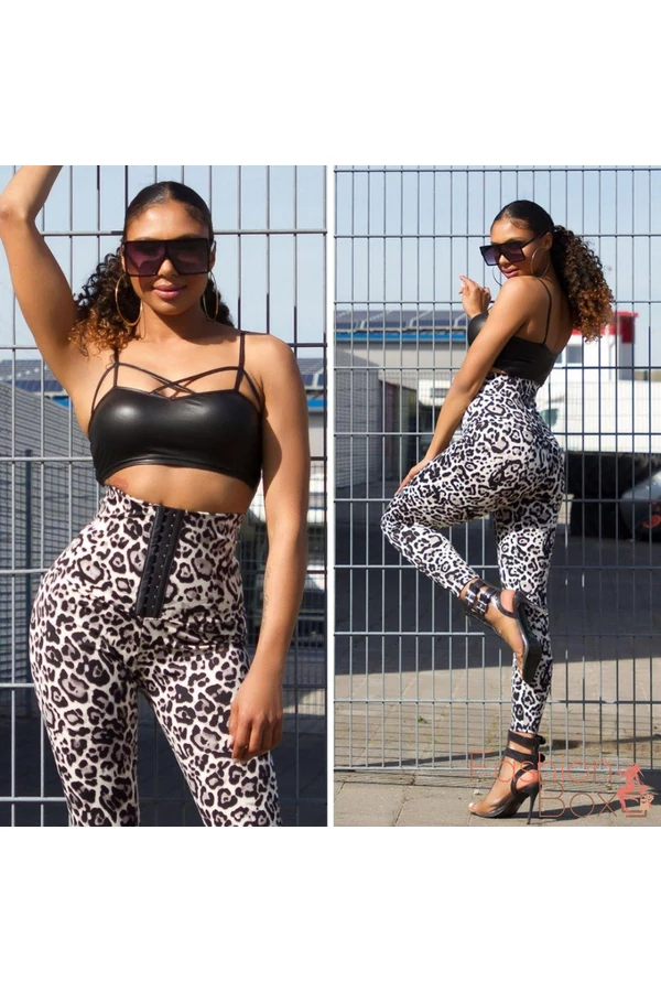 Alakformáló szürke leopárd mintás magas derekú kapcsokkal állítható leggings / cicanadrág