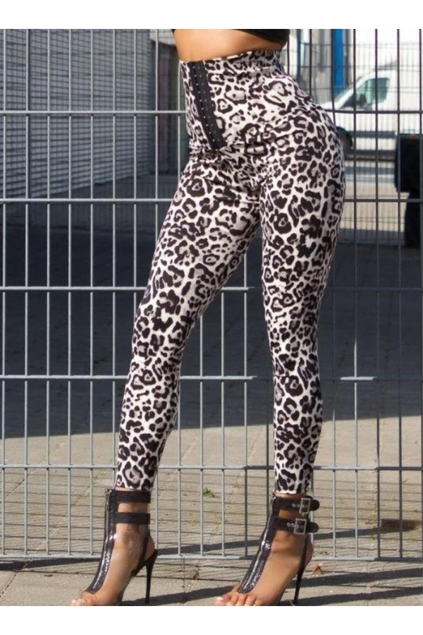 Alakformáló szürke leopárd mintás magas derekú kapcsokkal állítható leggings / cicanadrág