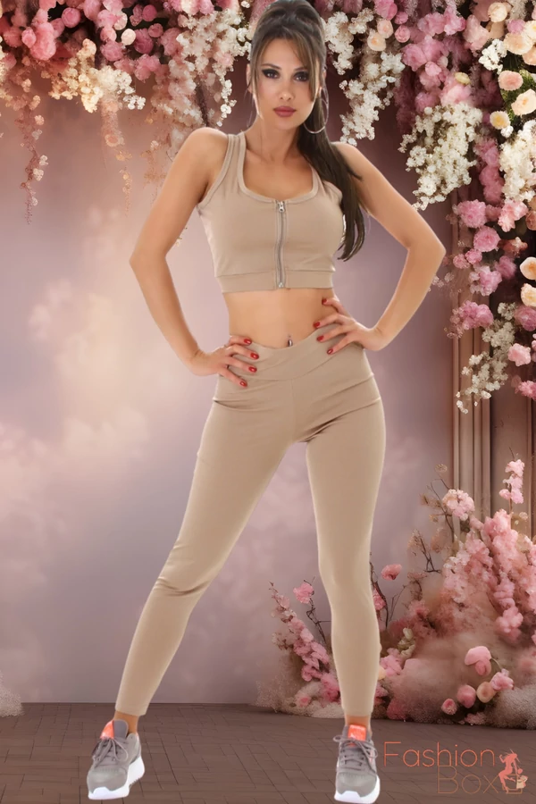 2 részes cappuccino színű fitness együttes Top + leggings / cicanadrág