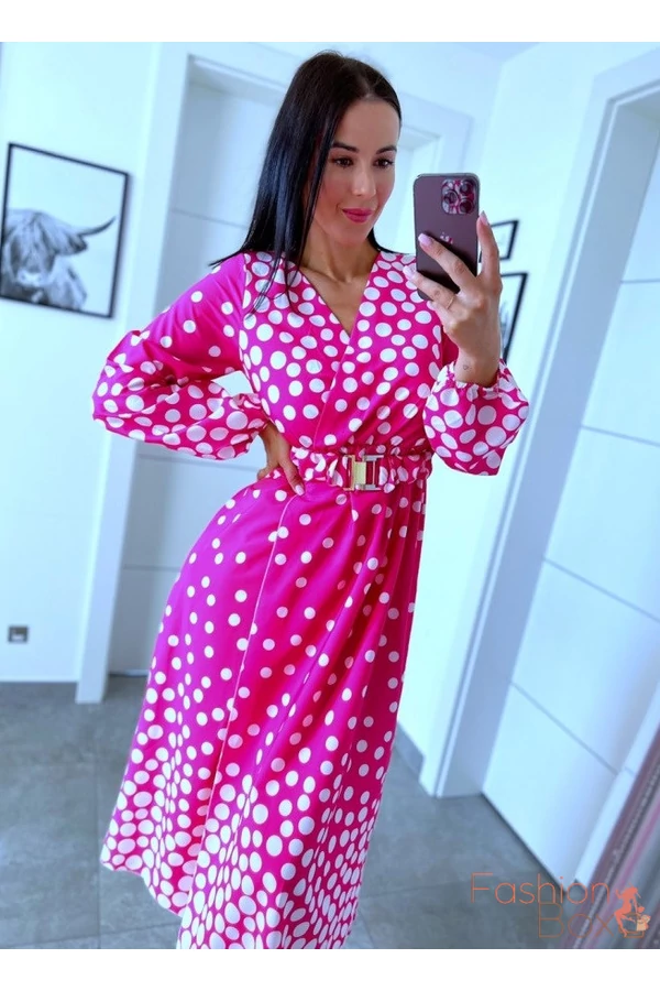 Gyönyörű pink pöttyös maxiruha övvel