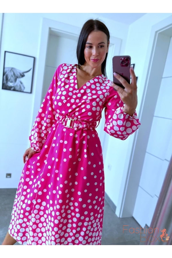 Gyönyörű pink pöttyös maxiruha övvel