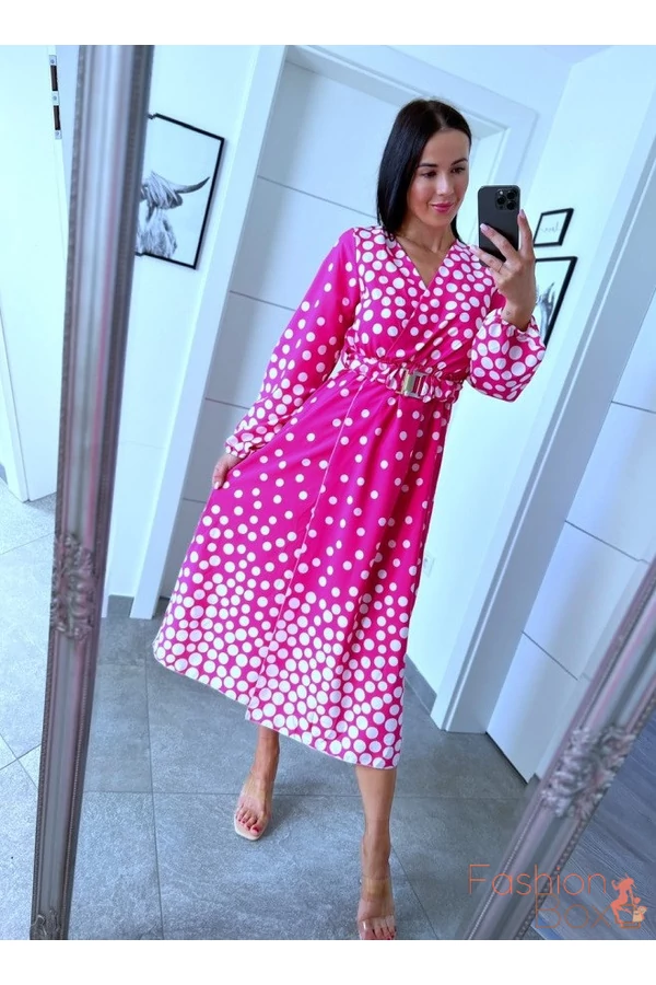 Gyönyörű pink pöttyös maxiruha övvel