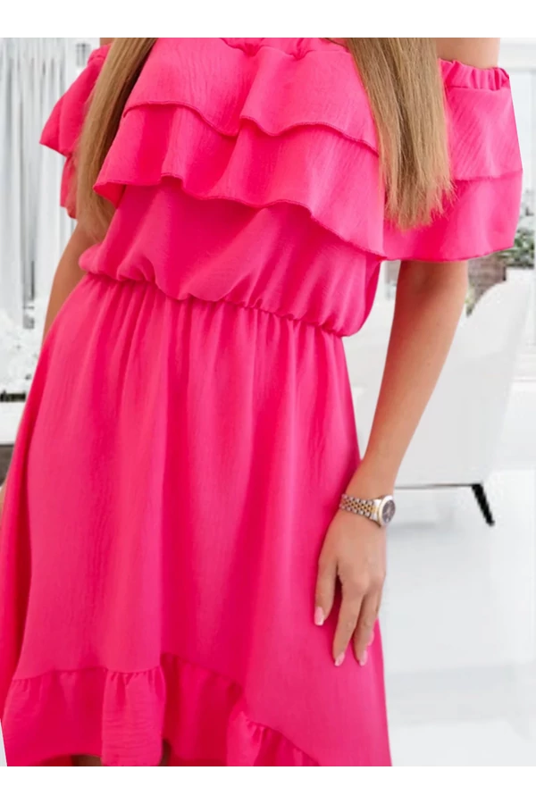Gyönyörű pink fodros aszimmetrikus nyári női ruha