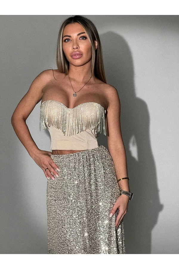 Exkluzív köves bézs míder / kosaras crop top