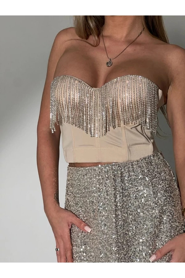 Exkluzív köves bézs míder / kosaras crop top