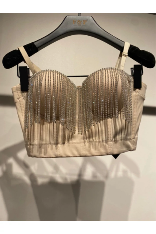 Exkluzív köves bézs míder / kosaras crop top