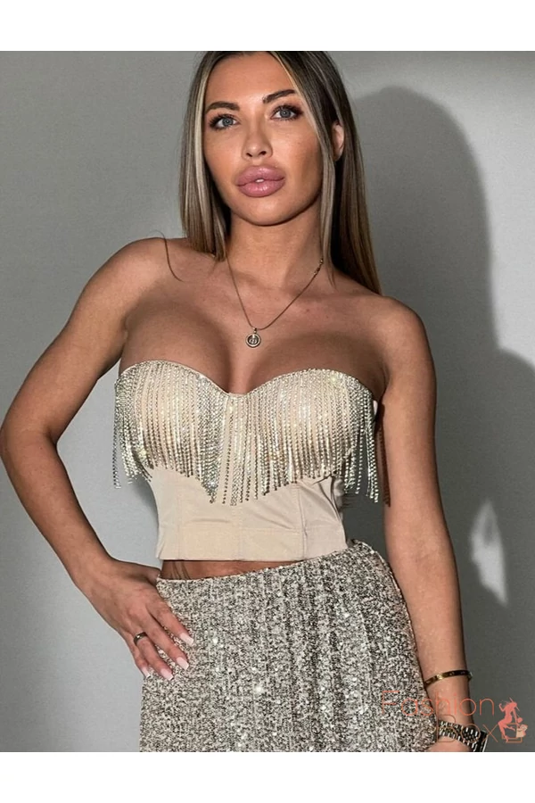 Exkluzív köves bézs míder / kosaras crop top