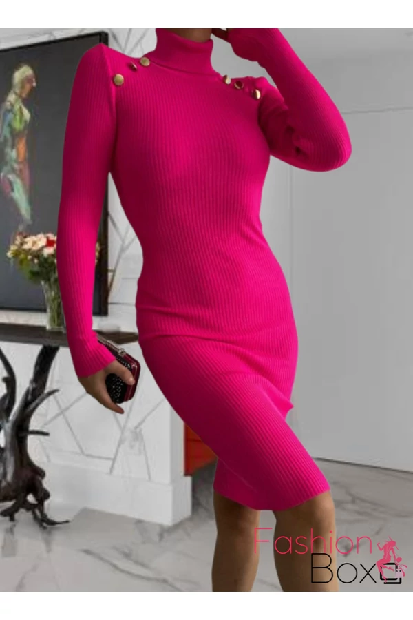 Elegáns garbó nyakú pink midi ruha gombokkal