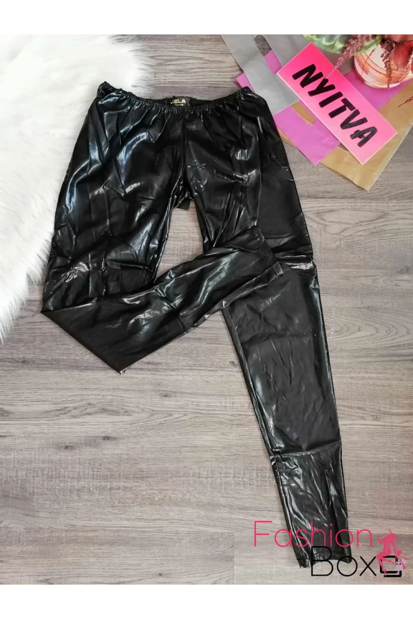 Fekete extra csípő fazonú latex nedves hatású leggings / cicanadrág