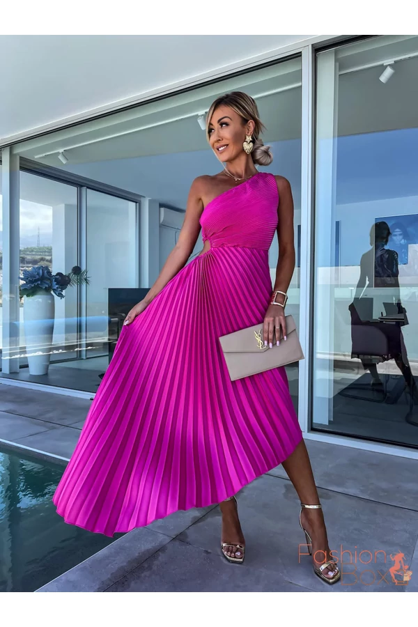 Elegáns fukszia plisszírozott félvállas midi / maxi ruha