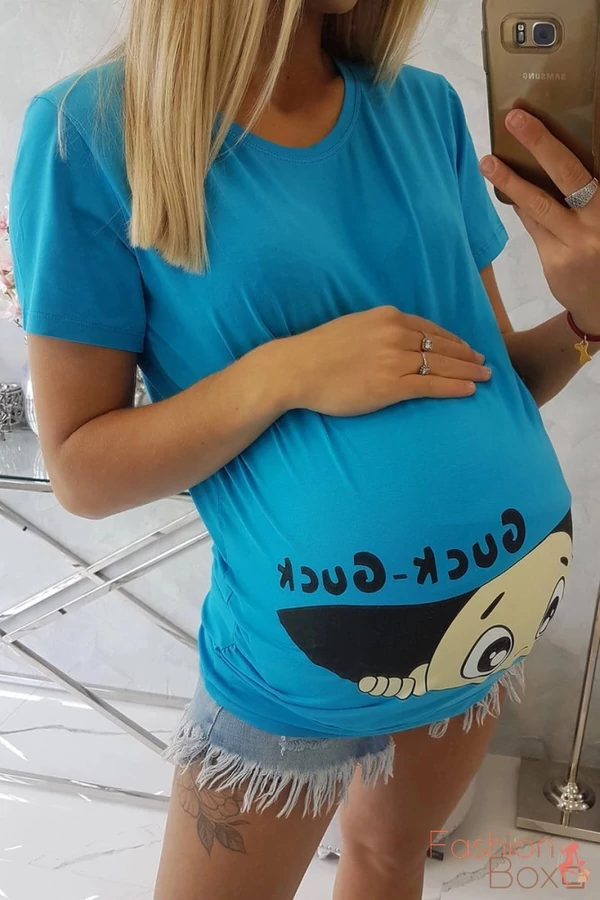 "Pocaklakó" mintás rövid ujjú kismama blúz / tunika kék színben