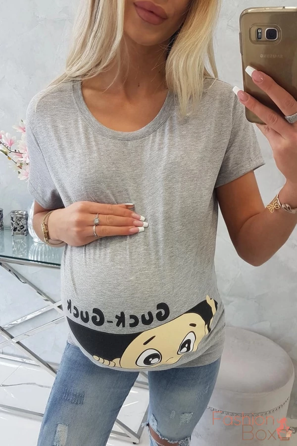 "Pocaklakó" mintás rövid ujjú kismama blúz / tunika szürke színben