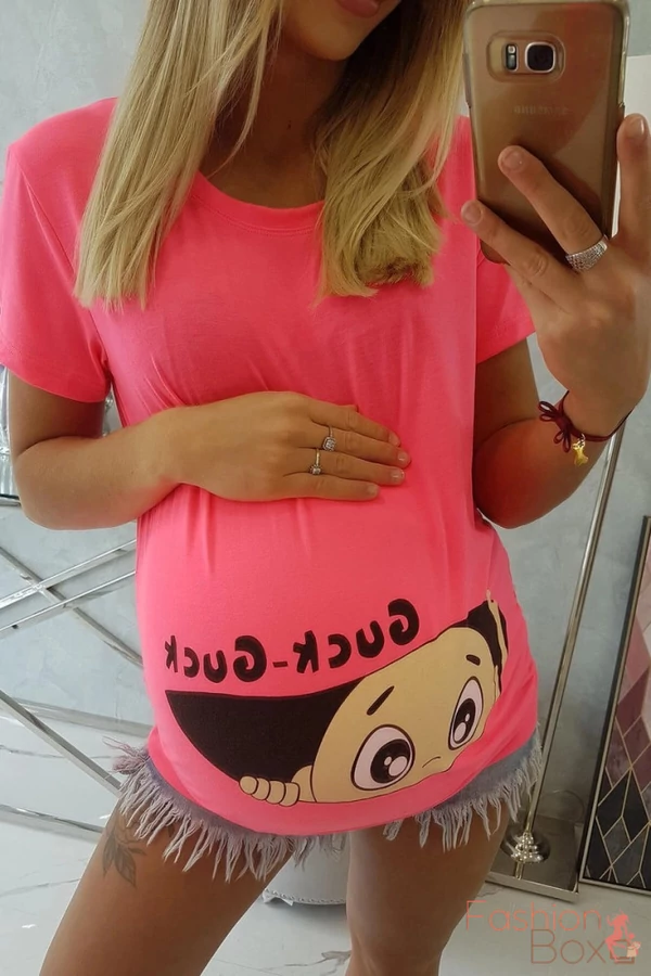 "Pocaklakó" mintás rövid ujjú kismama blúz / tunika neonpink színben