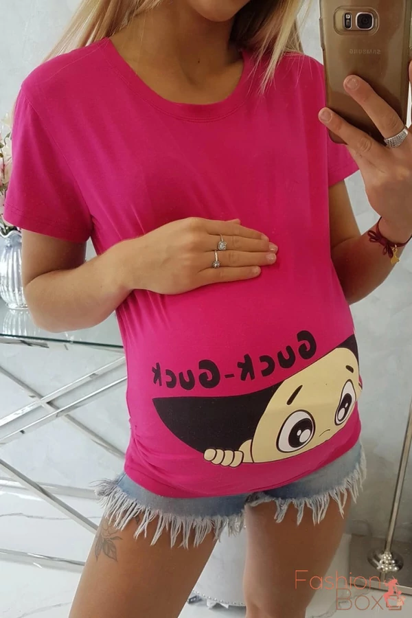 "Pocaklakó" mintás rövid ujjú kismama blúz / tunika pink színben