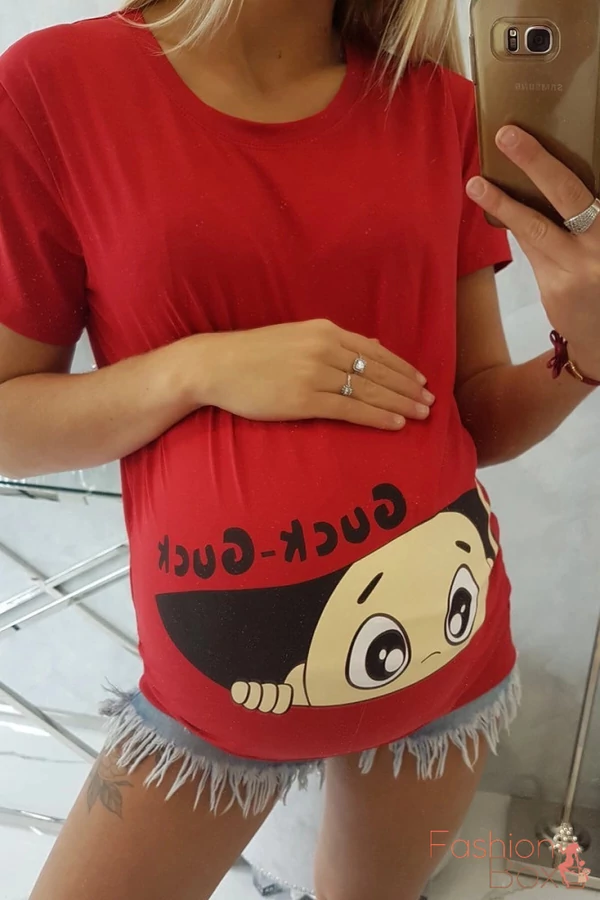 "Pocaklakó" mintás rövid ujjú kismama blúz / tunika piros színben