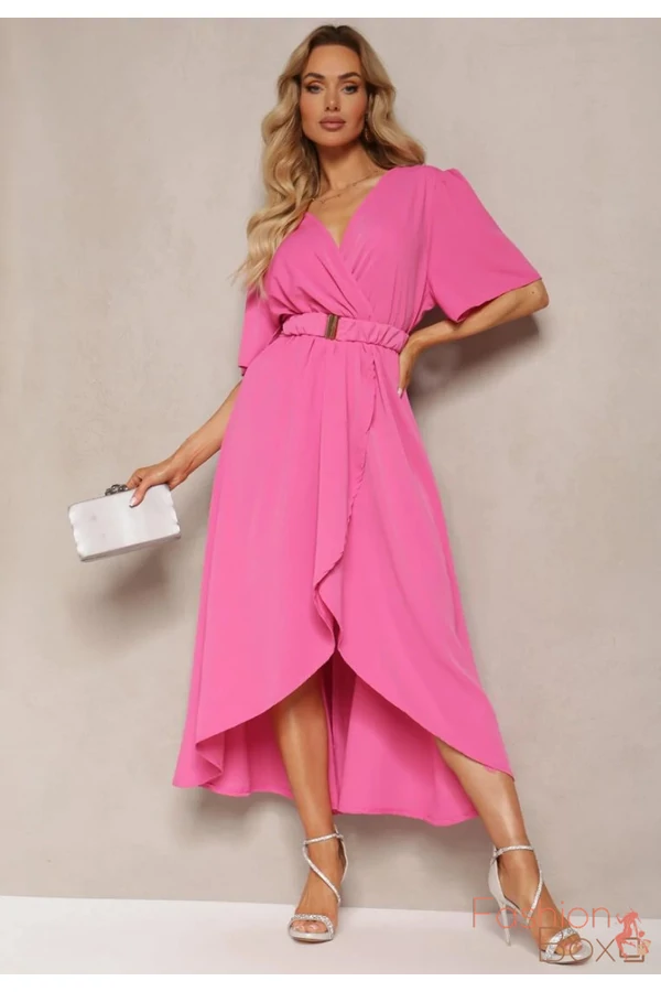 Elegáns lenge átlapolt pink midiruha övvel