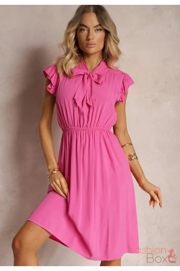 Elegáns nyakkendős pink midiruha