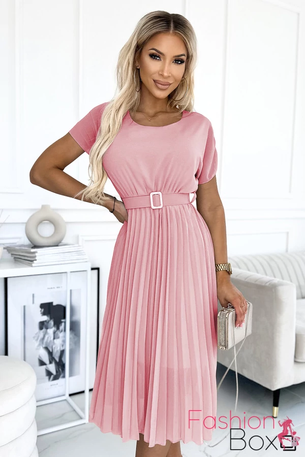 Elegáns rövid ujjú kerek nyakú rózsaszín sifon maxiruha övvel