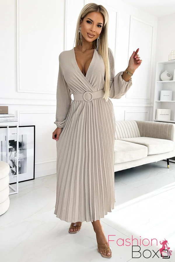 Elegáns hosszú ujjú kivágott bézs sifon maxiruha övvel
