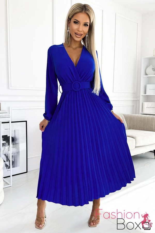 Elegáns hosszú ujjú kivágott kék sifon maxiruha övvel