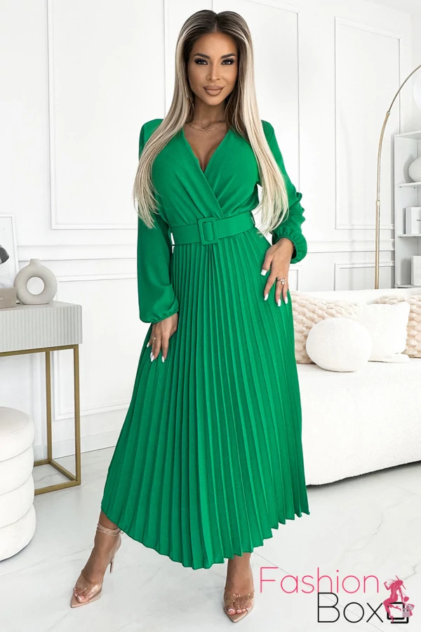 Elegáns hosszú ujjú kivágott zöld sifon maxiruha övvel