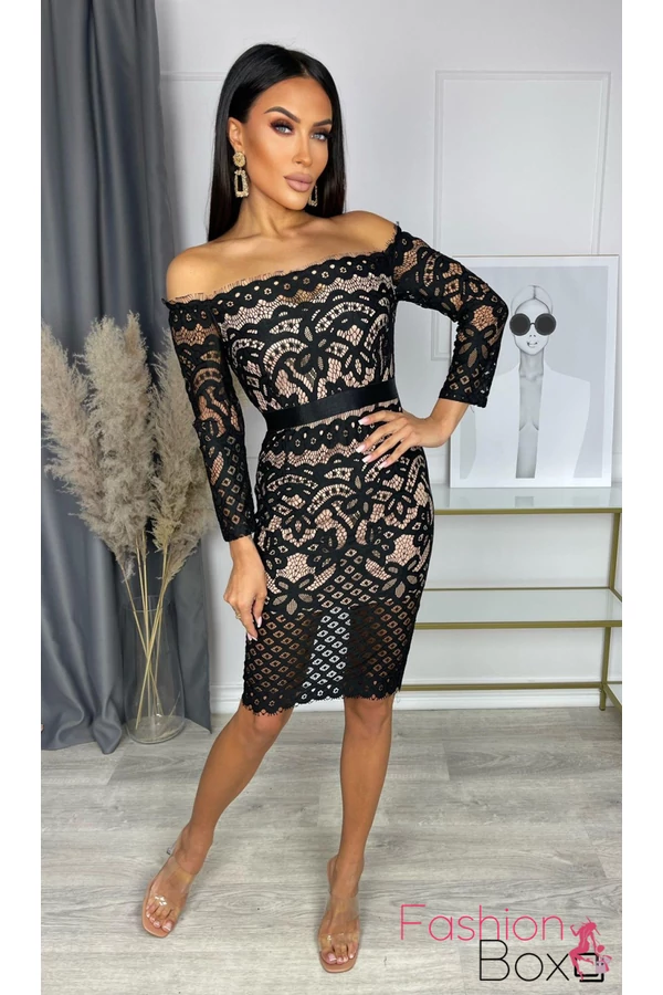 Exkluzív elegáns fekete-rózsaszín csipke bodycon ruha
