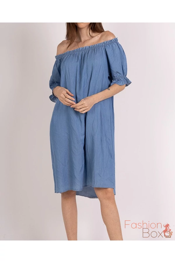 Plus size ejtett vállú ujján fodros lenge (kismama) farmer ruha