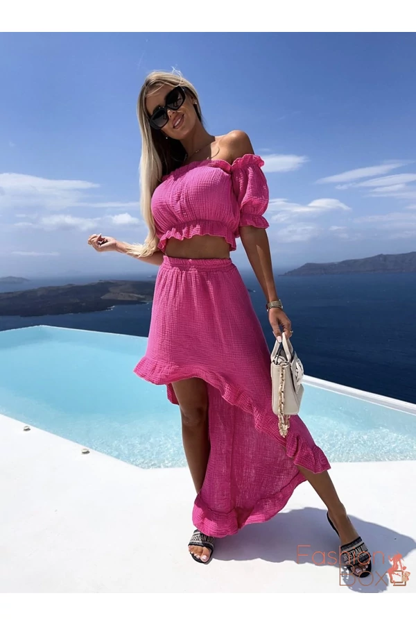 Spanyol 2 részes pink maxi szett - spanyol felső+fodros aszimmetrikus szoknya