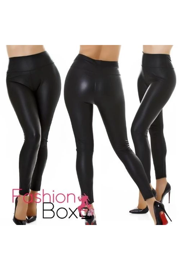 Fekete magas derekú THERMO műbőr hatású leggings / cicanadrág (6967)