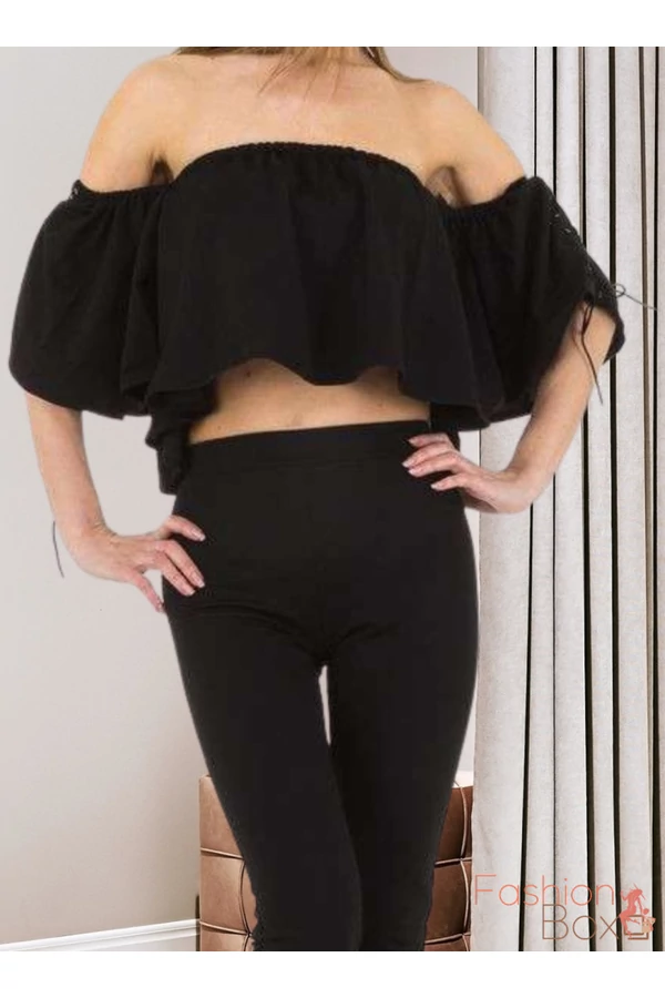 Exkluzív fekete fodros szett crop top+nadrág