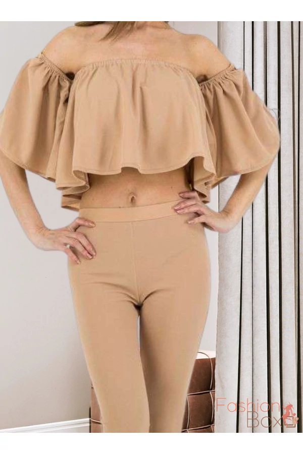 Exkluzív cappuccino fodros szett crop top+nadrág (73250)