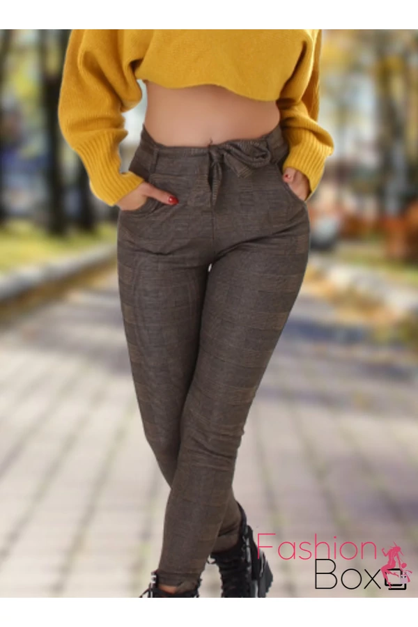 Zsebes kockás magasderekú elegáns nadrág övvel