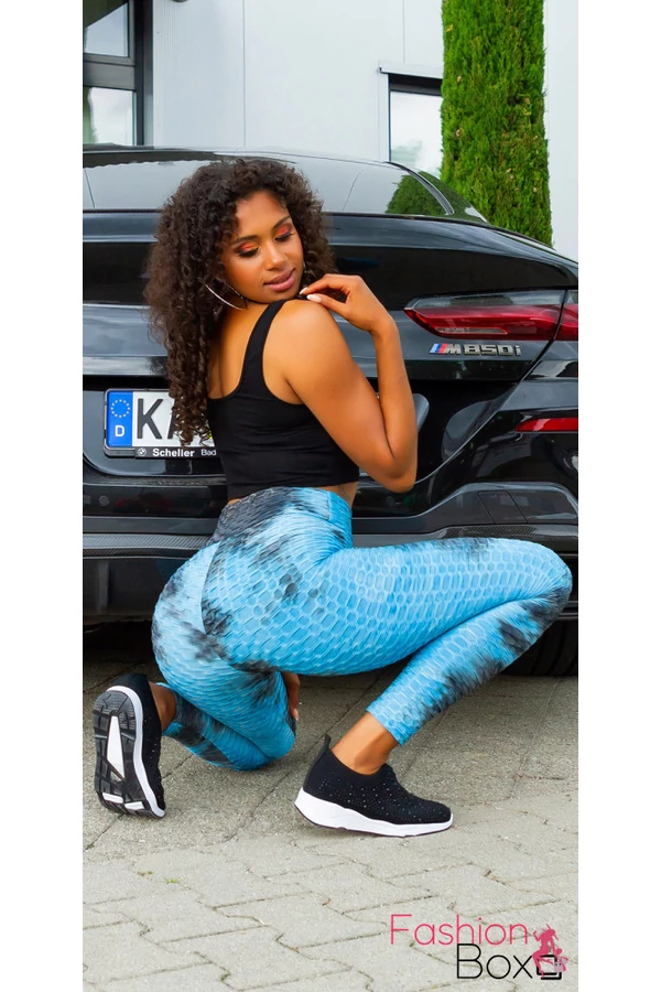 Alakformáló PUSH UP kék mintás fitness leggings / cicanadrág (8096)