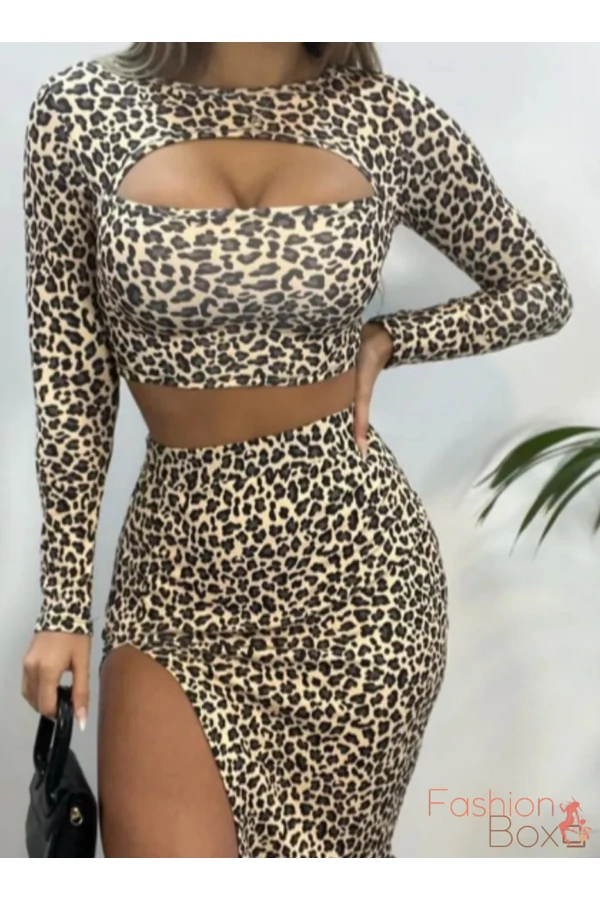 Leopárd / párduc mintás 2 részes szett hasított maxi szoknyával - crop felső+szoknya