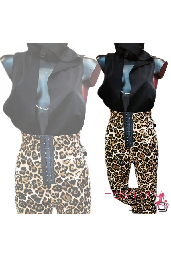 Leopárd mintás magas derekú derekán kapcsokkal állítható leggings / cicanadrág