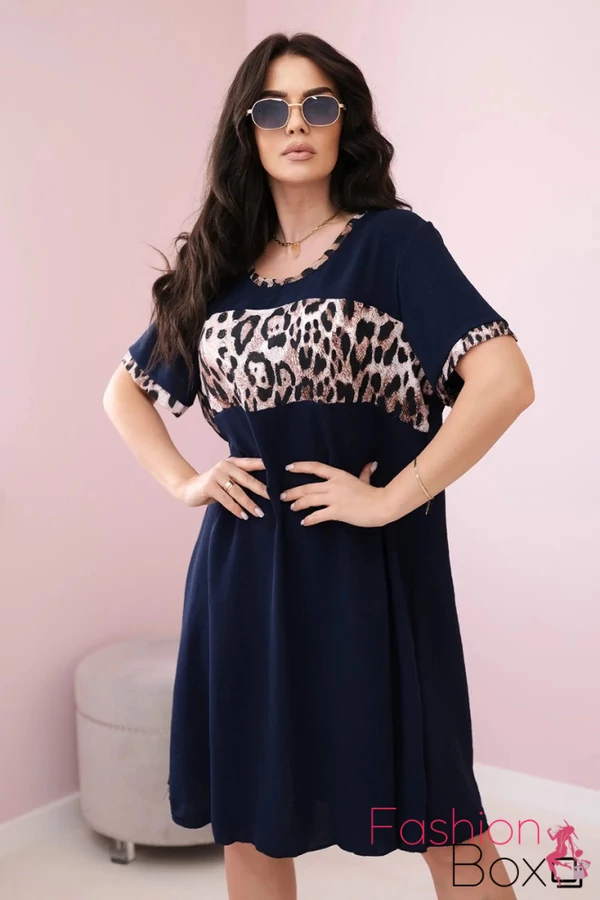 Plus size rövid ujjú A vonalú lenge sötétkék ruha / tunika leopárdos betéttel
