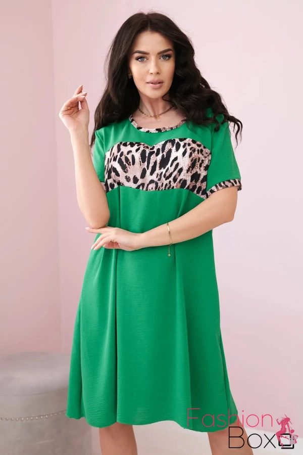 Plus size rövid ujjú A vonalú lenge zöld ruha / tunika leopárdos betéttel