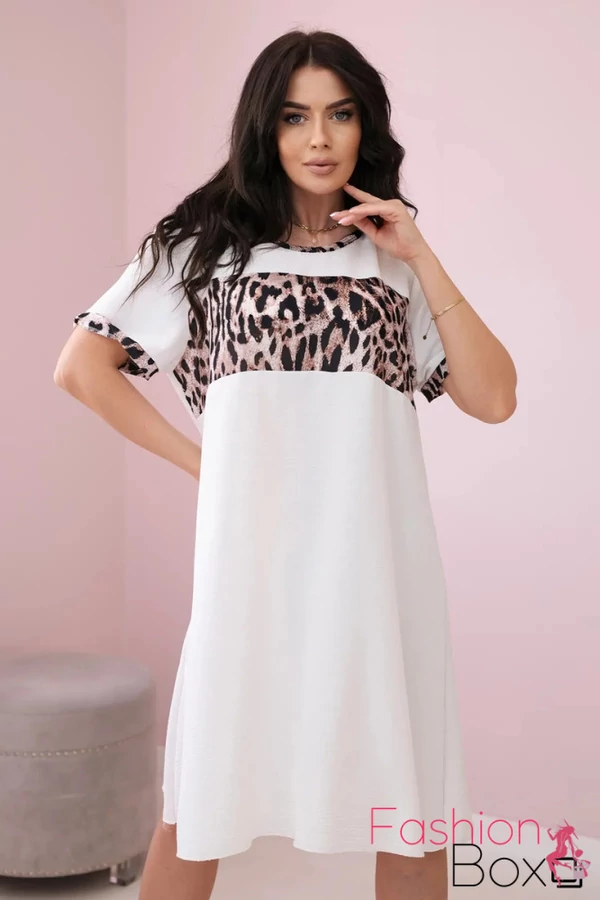 Plus size rövid ujjú A vonalú lenge fehér ruha / tunika leopárdos betéttel