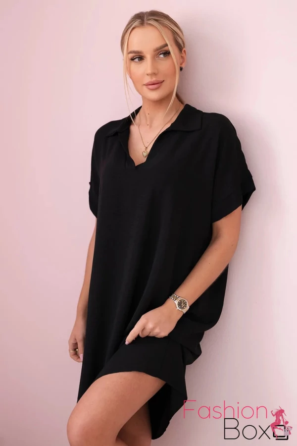 Plus size rövid ujjú A vonalú V-nyakú fekete galléros lenge ruha / tunika