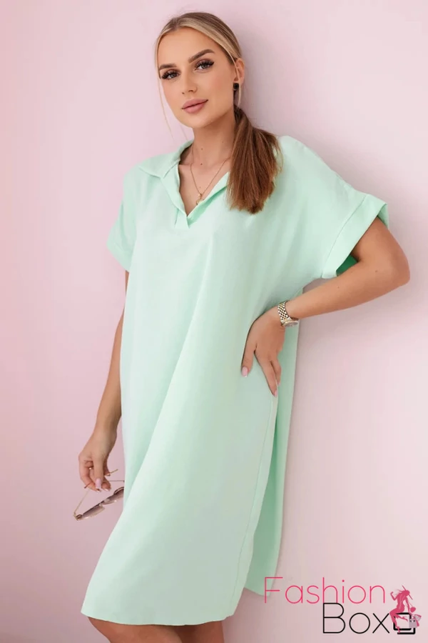 Plus size rövid ujjú A vonalú V-nyakú menta galléros lenge ruha / tunika